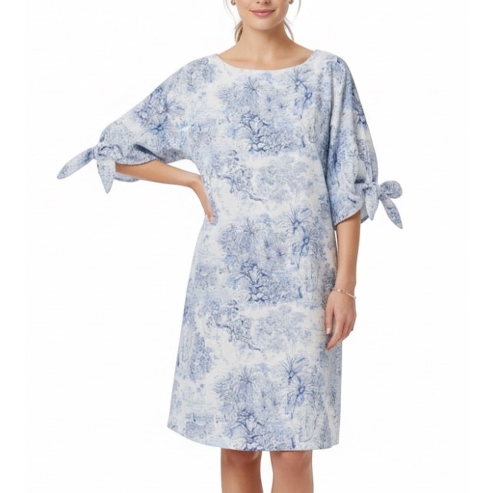 H&M Linen Blend BLUE/WHITE TOILE SHIFT DRESS Safari Jungle Animals Tie Sleeves 4